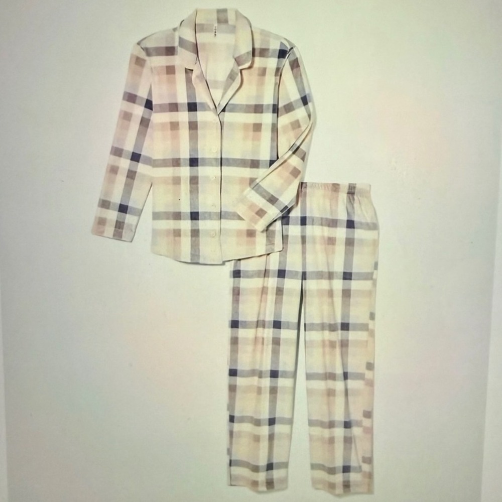 SOMA Microfleece PJ Set Notch Neck Jogger Pants Prism Plaid Grey L New W/ Tags - Picture 2 of 5